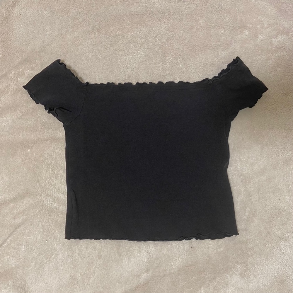 Cute Over-the-shoulder Fringed Black Crop Top, S